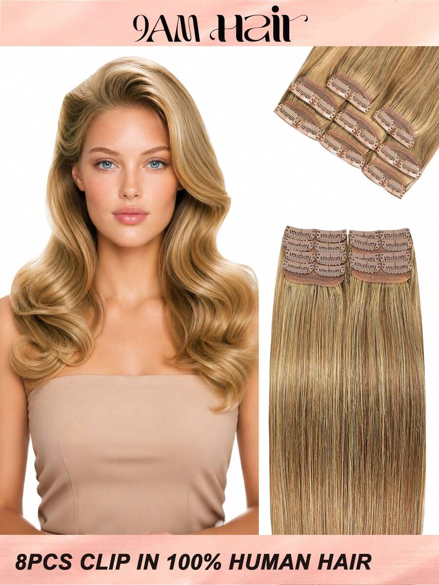 8PCS With 16 Clips Straight Clip In Hair Extensions 100% Real Human Hair Color P4/27# Medium Brown Highlights Honey Blonde 12-18 Inch Double Weft Invisible Clip Hair Extensions Remy Natural Human Hair For Women Girl Daily Full Head Use - SP4/27 - View 1