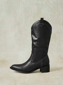 Styleloop 女款秋冬黑色尖頭粗跟高跟西部靴 牛仔靴復古休閒街頭風中筒靴 - 黑色3 - 查看 5