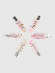 ROMWE Kawaii 6件裝甜美粉色DIY水鑽髮夾，可愛花朵與星星貼紙裝飾髮飾 - 粉色1 - 查看 5