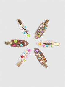 ROMWE Kawaii 6PCS Fashion Coffee DIY Rhinestone Hair Clips, Cute Flower & Star Sticker Decor Barrettes - coffee color - View 5