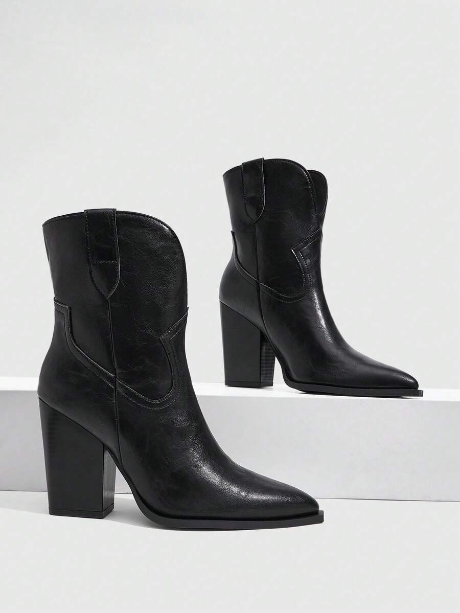 CUCCOO SZL Sepatu Bot Pesta Wanita Gaya Vintage Western Hak Tebal Lancip Hitam untuk Musim Gugur/Dingin - Hitam - View 1