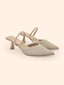 CUCCOO BASICS Women's Fashion Pointed V-Cut Fabric Woven Striped Surface. 3 Elastic Rear Strap Empty Shoes. Painted Medium-High Wine Glass Heel, Breathable - Khaki - View 3