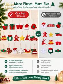 Muroi Mono A Set Of 18 Felt Christmas Tree Ornaments, Featuring Gift Box, Bell And Candy Cane Designs, In An American Vintage Holiday Style, For Christmas Tree Decoration And Holiday Scene Arrangement - Multicolor - View 8