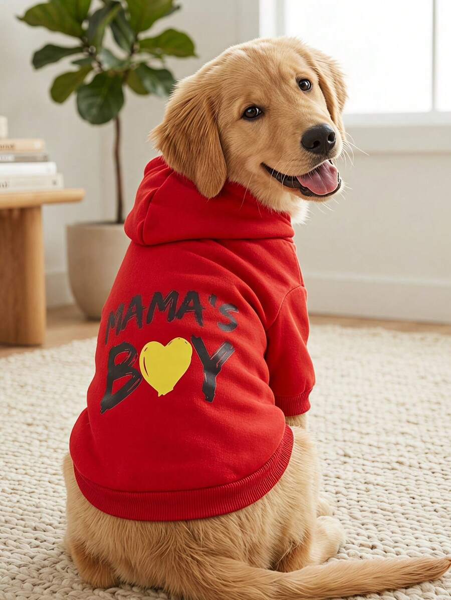 PETSIN 1pc MAMA's BOY Yellow Color Love Letter Pattern Printed Pet Hoodie, Red Soft And Comfortable Warm Pet Clothing - Multicolor - View 1