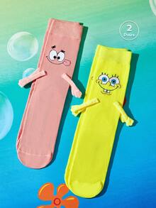 SpongeBob SquarePants | SHEIN 2雙可愛圖案女款筒襪，磁吸手襪，適合情人節禮物，情人節 - 混色 - 查看 2