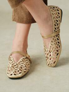 Styleloop Women Shoes Multi-Color Hollow Carving Square Toe Flat Bottom Mary Jane Shoes Retro Commuting Style Spring And Summer Models Are Suitable For Daily C Fall Shoes - Golden A - View 1