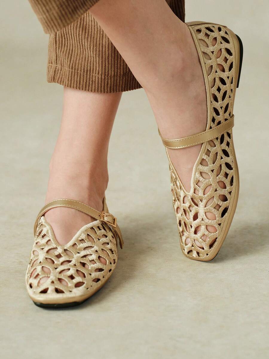 Styleloop Women Shoes Multi-Color Hollow Carving Square Toe Flat Bottom Mary Jane Shoes Retro Commuting Style Spring And Summer Models Are Suitable For Daily C Fall Shoes - Golden A - View 1
