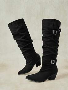 Styleloop Frosted-Faced Pointed-Toed Diagonal-Heeled High Boots Retro Punk Multi-Metallic Buckle Loose Calf Stacking Boots Fall Boots - Black - View 3