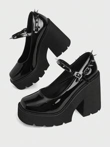 Sugerpunk Women Shoes Fashion Wedge Heel Platform Shoes, Punk Style Gothic Dark Heel Spike Inlay, Buckle Spike Inlay, Night Club Party Sexy Holiday Commute Easy - bright black - View 5