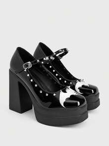 Sugerpunk Women Shoes Fashionable And Sexy Platform High-Heeled Shoes, Punk Gothic Solid Color Rivet Inlay Design, Bat Embroidery, Classic Party, Vacation Fall Shoes - Matte Black - View 2