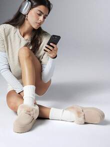 SHEIN Solezae 女款厚底雪地靴 冬季保暖毛絨飾邊一腳蹬短靴 - 淺駝色 - 查看 5