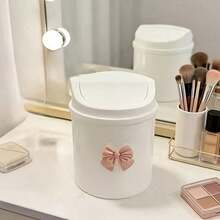 1pc Mini Desktop Trash Can With Lid + Bow Decoration, Plastic Swivel-Top Waste Basket, Non-Electric Cylindrical Trash Can Suitable For Home, Office, Kitchen, Bedroom Vanity, Daily Necessities - multicolor - View 7