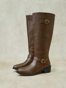 Styleloop Women's Mid Boots, Slip-On Knight Boots, Flat Street Motorcycle Boots, Low-Heeled Bohemian Boots Fall Boots - Brown - View 12