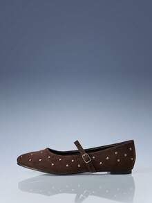 CUCCOO GRLICON 女款深棕色天鵝絨復古圓頭鉚釘瑪麗珍鞋 時尚通勤休閒鞋 - 深棕 - 查看 2