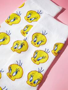 LOONEY TUNES X SHEIN 1雙女款格紋卡通圖案可愛筒襪 - 白色 - 查看 3