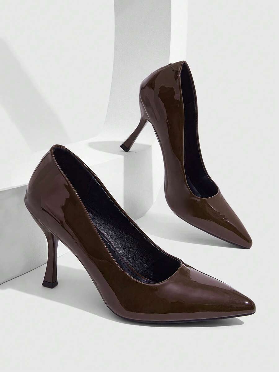CUCCOO SZL Women's Shoes Fashion PU Material Pointed Stiletto High Heels, Simple Glossy Design, Suitable For Commuting Dating Parties - Brown - View 1