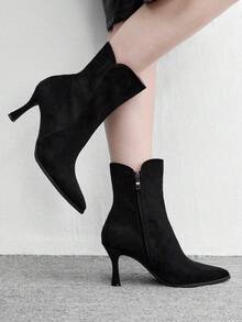 CUCCOO BIZCHIC Women's V-Notch Boots With Slim Heels And High Heels, Commuting Suede Short Boots, Versatile For Daily Use - Black - View 4