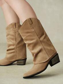 Styleloop Khaki Imitation Suede Pleated Flanged Western Cowboy Boots Pointed Toe Square Thick Heel Retro Stacked Medium Boots Autumn And Winter Fall Boots - Khaki - View 14