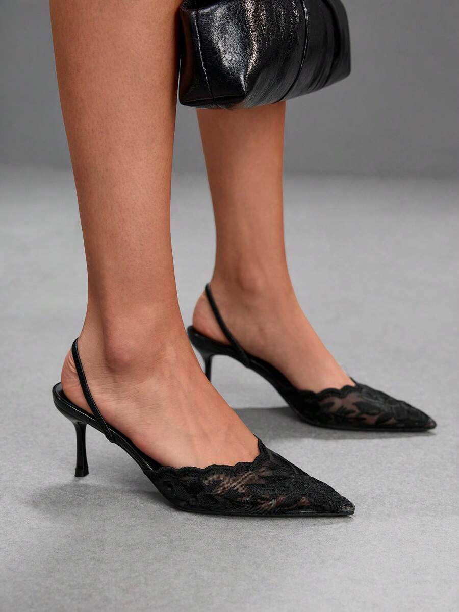 CUCCOO SZL Women's Black Floral Lace Wavy Edge Glitter Strap Pointed Toe Stiletto Heel Mule Slippers Fall Shoes - Black - View 1