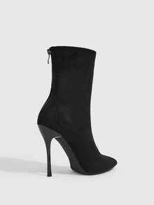 CUCCOO SZL Black Suede Back Zipper Pleated Pointed Stiletto Boots, Gentle Commute - Black - View 3
