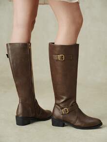 Styleloop Women's Mid Boots, Slip-On Knight Boots, Flat Street Motorcycle Boots, Low-Heeled Bohemian Boots Fall Boots - Brown - View 8