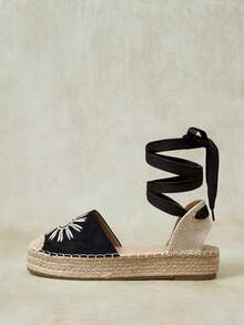 Styleloop أحذية نسائية بقاع مسطح وأصبع مستدير مع حزام مطرز وحزام كعب مفتوح، أحذية بأسلوب عطلة الشاطئ - الأسود - مشاهدة 2