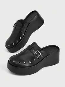 Sugerpunk Retro Rivet Heel Mules Shoes Women's, Back Sole Slip-On Punk Style Versatile Outdoor Cool Slippers, Summer Wear Fall Shoes - Black - View 5