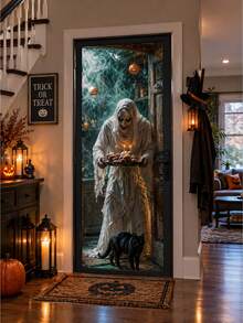 Halloween Door Curtain Decoration, Halloween Background Banner, Spooky Atmosphere Decor, Witch & Skull Door Cover - multicolor - View 5