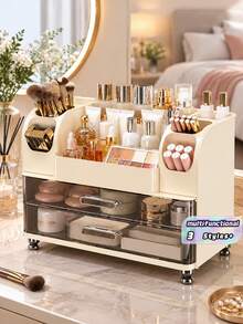 1pc Large Capacity Cosmetic Storage Box, Desktop Organizer For Skincare, Lipstick, Makeup Brushes, Face Masks, Suitable For Bathroom Countertop, Dorm, Vanity Table, Bedroom Decor, Back To School - Multicolor - View 1