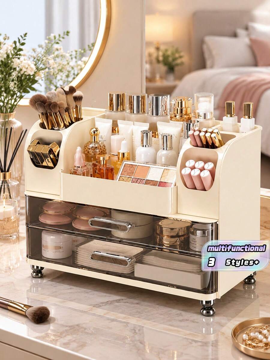 1pc Large Capacity Cosmetic Storage Box, Desktop Organizer For Skincare, Lipstick, Makeup Brushes, Face Masks, Suitable For Bathroom Countertop, Dorm, Vanity Table, Bedroom Decor, Back To School - Multicolor - View 1