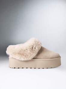 SHEIN Solezae 女款厚底雪地靴 冬季保暖毛絨飾邊一腳蹬短靴 - 淺駝色 - 查看 2