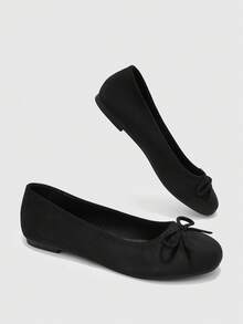 CUCCOO BIZCHIC 女款圓頭蝴蝶結裝飾平底鞋，度假鞋 - 黑色絨布 - 查看 3