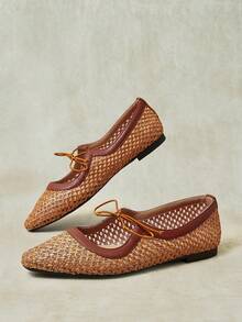 Styleloop New, Breathable And Hollow, Square Toe Bow Design, Women's Flat Shoes, Casual And Versatile, A Must For Commuting - Brown yarn brown leather - View 3