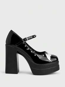 Sugerpunk Women Shoes Fashionable And Sexy Platform High-Heeled Shoes, Punk Gothic Solid Color Rivet Inlay Design, Bat Embroidery, Classic Party, Vacation Fall Shoes - Matte Black - View 4