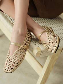 Styleloop Women Shoes Multi-Color Hollow Carving Square Toe Flat Bottom Mary Jane Shoes Retro Commuting Style Spring And Summer Models Are Suitable For Daily C Fall Shoes - Golden A - View 3