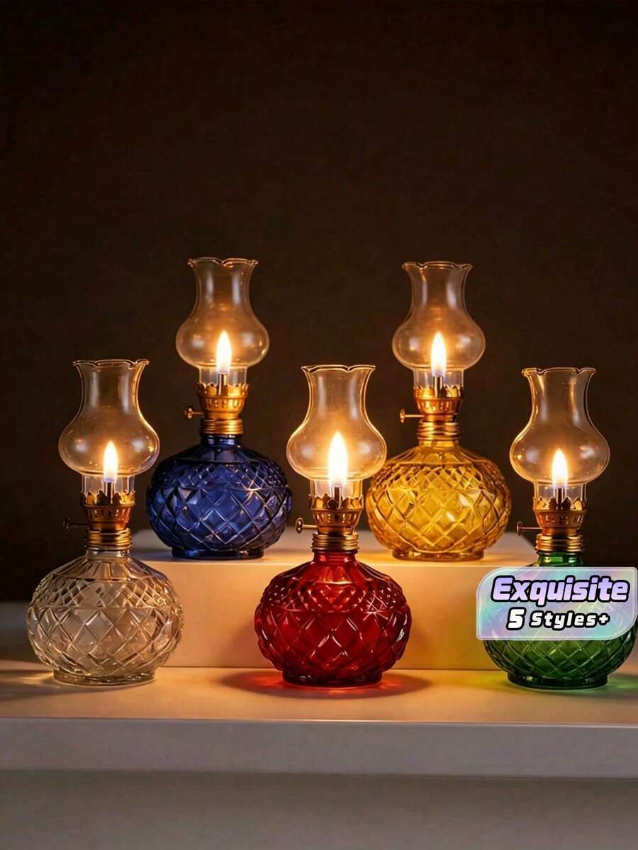 1pc Vintage Windproof Adjustable Glass Oil Lamp, Indoor Outdoor Retro Decor Lamp, Camping Festival Home Ornament, Fuel Not Included - Kerosene Lamp - View 1