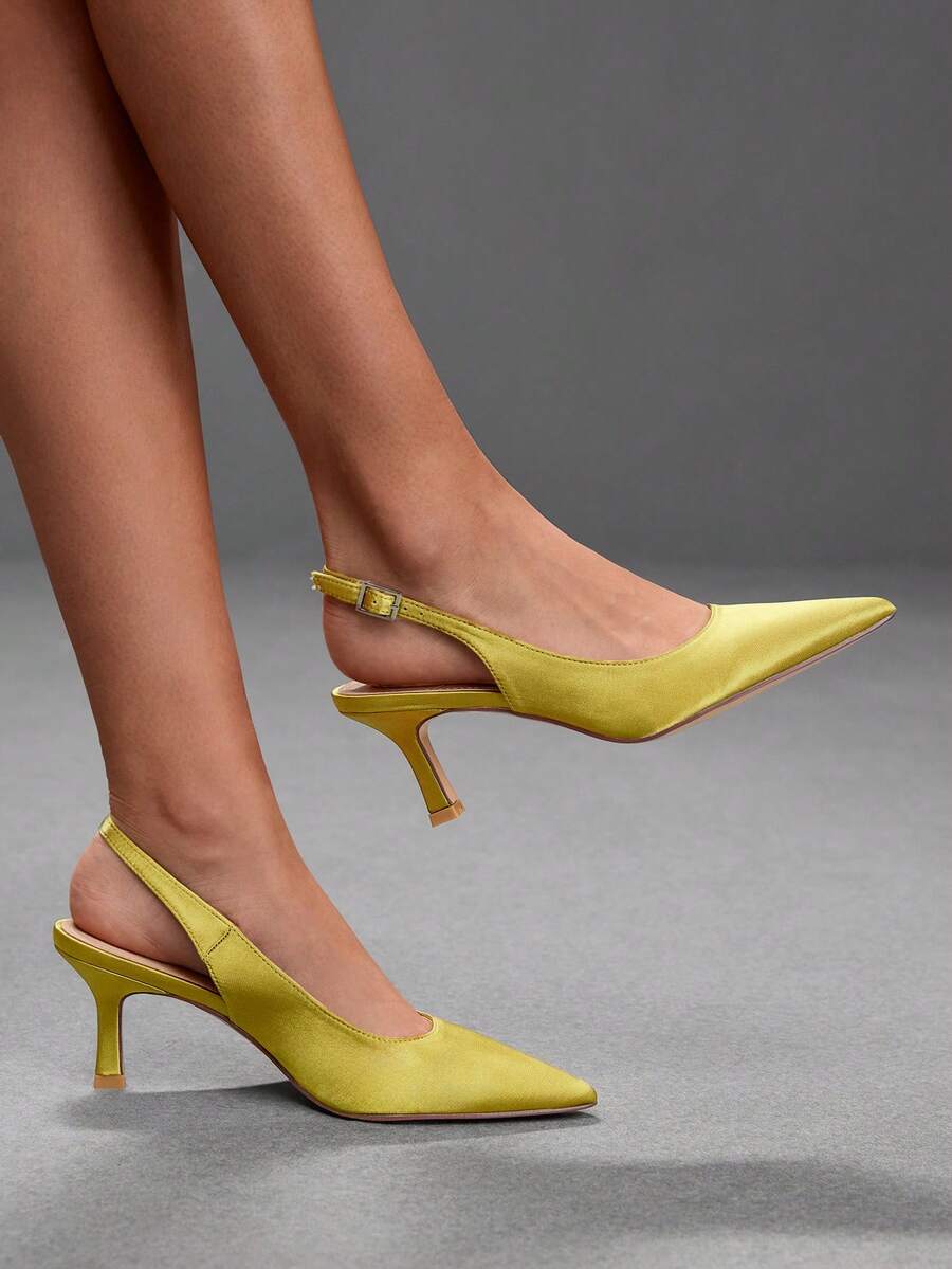 CUCCOO SZL Sepatu Hak Tinggi Wanita Ujung Lancip Berbahan Satin Warna Kuning Pucat Elegan dengan Bagian Belakang Terbuka, Cocok untuk Wisuda, Prom, Liburan, Bisnis Kasual, Liburan Musim Semi, Paskah, Natal, dan Acara Lainnya - Kuning muda 1 - View 1