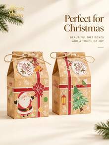 Muroi Mono Christmas Milk-Shaped Kraft Gift Bags Printed With Santa Claus, Snowmen And Little Trains, In A Vintage Festive Style, For Christmas Gift Exchanges And Party Candy Packaging - View 6