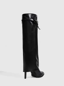 CUCCOO SZL Ladies Black Autumn And Winter Pointed Stiletto Sleeve Stylish And Simple Daily Versatile Skinny Patent Leather Knee Boots - Black - View 3