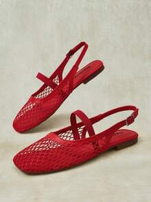 Styleloop Outdoor Women's Square Toe Flat Bottom Mesh Fabric Fabric, Simple And Breathable Vacation Elastic Buckle Strap Fall Shoes - Red - View 5