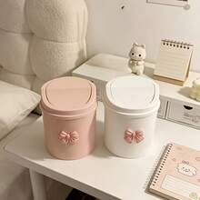 1pc Mini Desktop Trash Can With Lid + Bow Decoration, Plastic Swivel-Top Waste Basket, Non-Electric Cylindrical Trash Can Suitable For Home, Office, Kitchen, Bedroom Vanity, Daily Necessities - multicolor - View 4