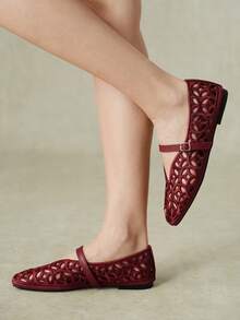 Styleloop Women's Multi-Color Hollow Carved Square Toe Mary Jane Shoes, Spring/Summer Style, Suitable For Commuting, Outdoor And Daily Wear Fall Shoes - Burgundy A - View 8