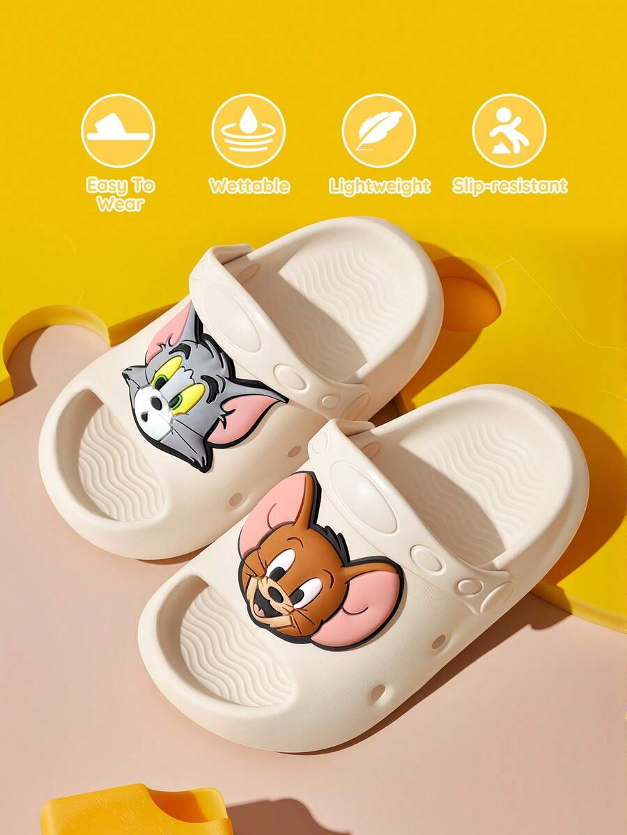 TOM & JERRY X SHEIN 可愛卡通兒童拖鞋,適合幼兒與兒童,EVA材質,適用於居家浴室、游泳池、海灘等 - 米色 - 查看 1