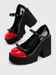 Sugerpunk Women Shoes Fashion Slope Heel Platform Shoes, Punk Style Gothic Dark Buckle With Rivets Inlaid Red And Black Splicing, Nightclub Party Sexy Fe Fall Shoes - red and black - View 7