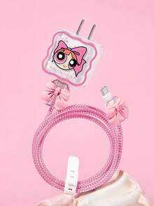 THE POWERPUFF GIRLS X SHEIN Pelindung Kabel Data, Cocok untuk Charger , Set 4 Buah Pelindung Kabel Ponsel, Pelindung Charger (Tidak Termasuk Kabel Data) - Berwarna merah muda - View 1