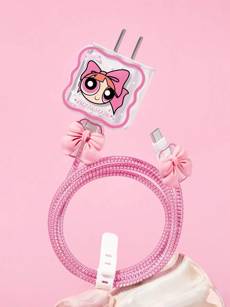THE POWERPUFF GIRLS X SHEIN Pelindung Kabel Data, Cocok untuk Charger , Set 4 Buah Pelindung Kabel Ponsel, Pelindung Charger (Tidak Termasuk Kabel Data) - Berwarna merah muda - View 1