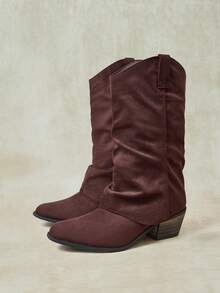 Styleloop Sepatu Boots Medium Musim Gugur/Dingin Warna Cokelat Tua Maillard Bahan Suede Lipit Berbulu Ujung Runcing Hak Tebal Gaya Vintage Lengan Longgar Western - Cokelat tua - View 5