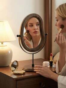 1Pc Asymmetrical Wavy Wooden Tabletop Makeup Mirror, Dark Brown Frame 360° Rotatable Desk Vanity Mirror, Gold/Black Metal Bracket Desktop Cosmetic Mirror For Bedroom Dresser Decor - Multicolor - View 7