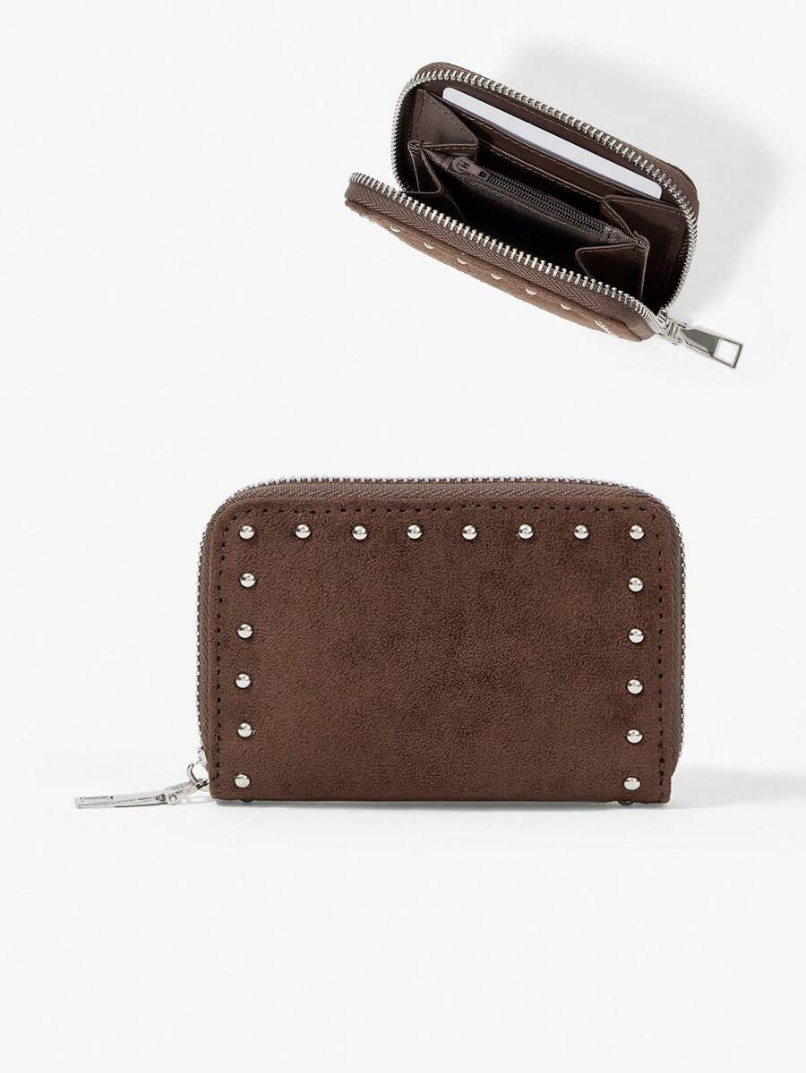 Viva Strut 1pc Ladies Fashion Personality Punk Y2K Street Vintage Deep Coffee Suede Rivet Short Wallet, Change Bag, Portable Wallet, For Daily Travel - Coffee - View 1