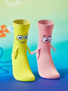 SpongeBob SquarePants | SHEIN 2雙可愛圖案女款筒襪，磁吸手襪，適合情人節禮物，情人節 - 混色 - 查看 11